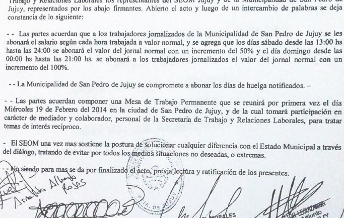 SEOM firmó acta acuerdo con la intendencia de San Pedro, esta se comprometió a pagar todas las horas trabajadas