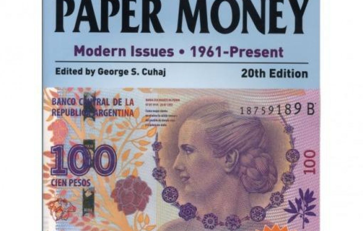 El billete de Evita, en la tapa del libro de los billetes del mundo