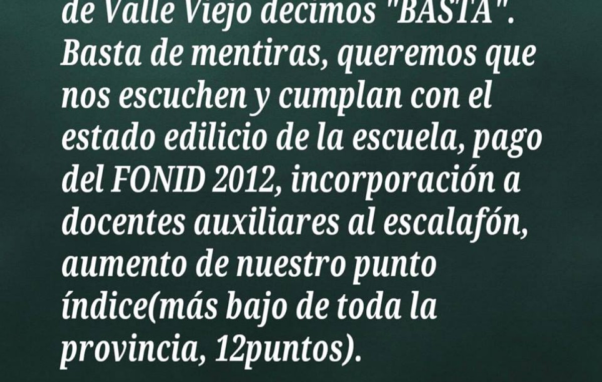 Docentes municipales de Valle Viejo se movilizan por el tema salarial y malas condiciones edilicias