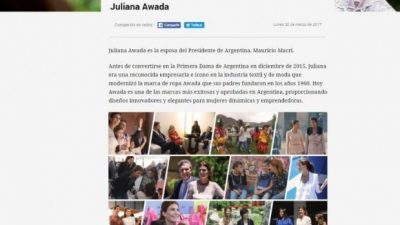 Juliana Awada publicita su marca de ropa en el portal del Gobierno