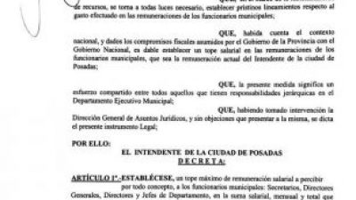 El intendente firmó el decreto para limitar los sueldos políticos del municipio de Posadas