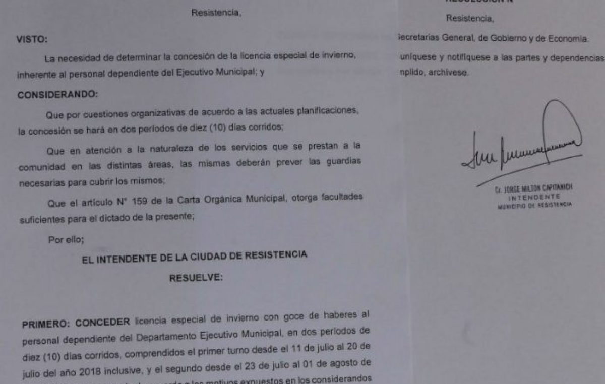 Por resolución, dispusieron la licencia de invierno para trabajadores municipales de Resistencia