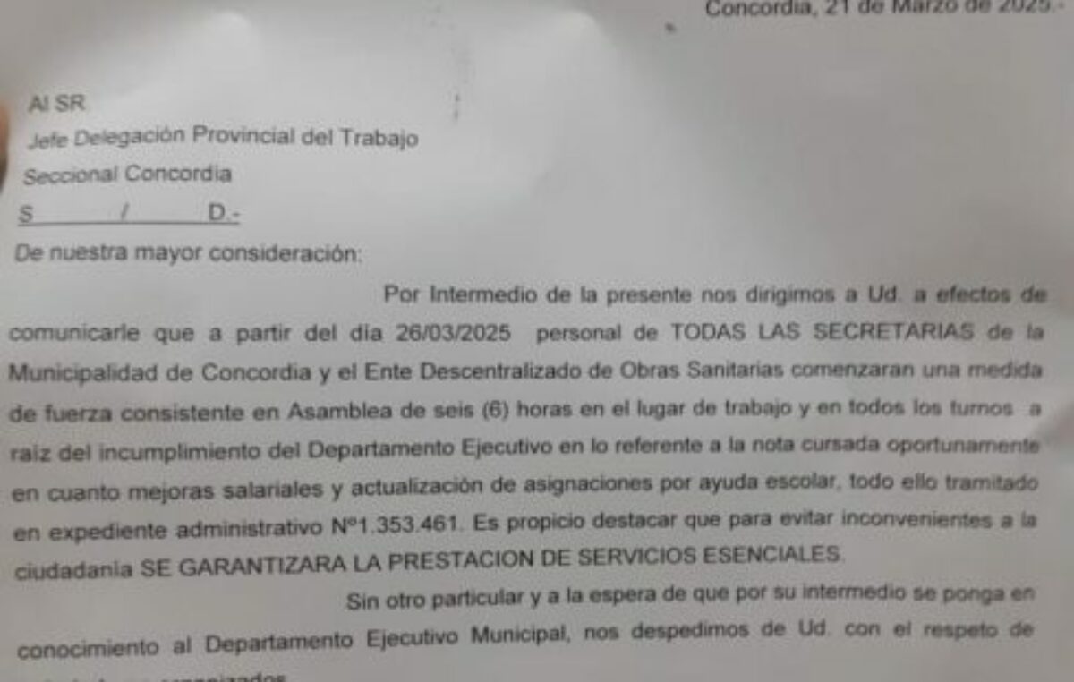Trabajadores Municipales de Concordia realizarán medidas de fuerza