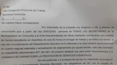 Trabajadores Municipales de Concordia realizarán medidas de fuerza